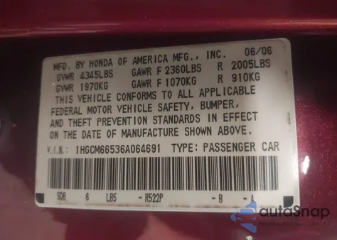 2006 Honda Accord Ex из США, поврежденный, VIN 1HGCM66536A064691